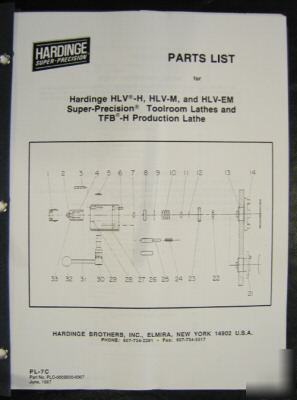 Hardinge hlv-h, hlv-m, hlv-em parts list vintage 1987
