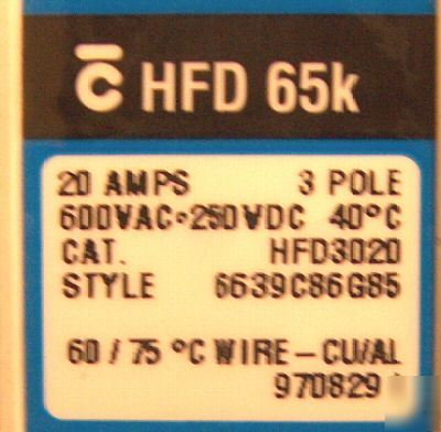 Cutler-hammer circuit breaker HFD3020 20A 3P hfd 65K 