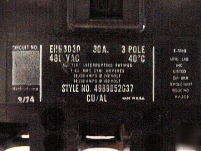 Westinghouse EHB3030 30AMP 3 pole 480V circuit breaker