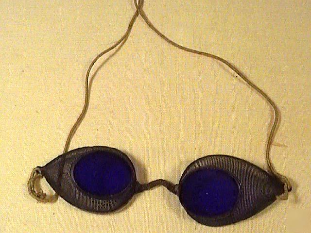 Pair old cobalt blue glass & wire mesh goggles