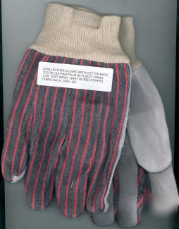 Cow leather work glove grey w/red strips knit wrist 12P