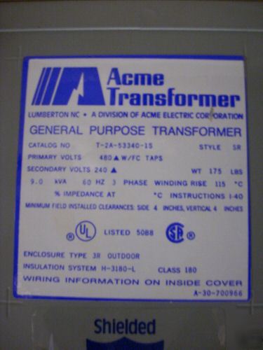 Acme 3 phase transformer-480/240 120V-9 kva-great cond.
