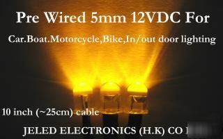 10XYELLOW wide viewing 5MM led set 25CM pre wired 12VDC
