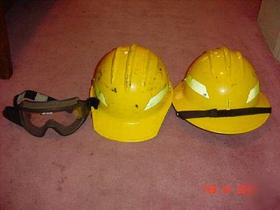 2 wildland hardhats and fire fighter goggles