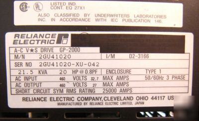 Reliance electric 20 hp vari freq control (3954-3955)