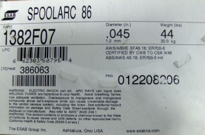 Esab spoolarc 86 .045 44 lbs welding wire spool 