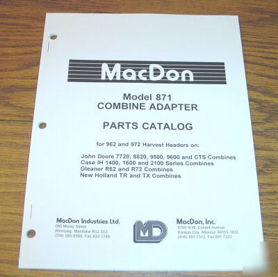 Macdon 871 combine adapter parts catalog manual