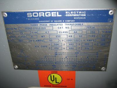 Sorgel transformer 75 kva 75KVA 75T3H 480 / 208 / 120V