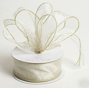 2-1/2 in 10 yd ivory organza ribbon w/ gold wire edge 